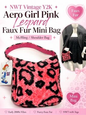 NWT Vintage Y2K Aero Girl Pink Leopard Faux Fur Mini Shoulder Bag McBling Purse